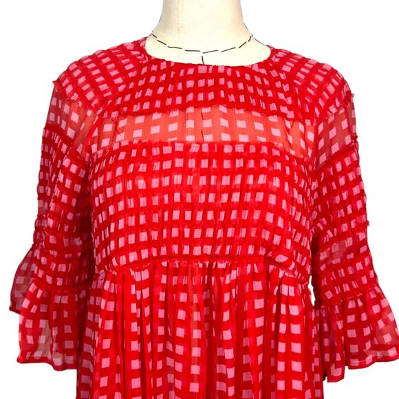 ASOS Women's Red Gingham 3/4‎ Sleeve Crew Neck Back Keyhole Smock Dress Size 6 - Picture 4 of 7
